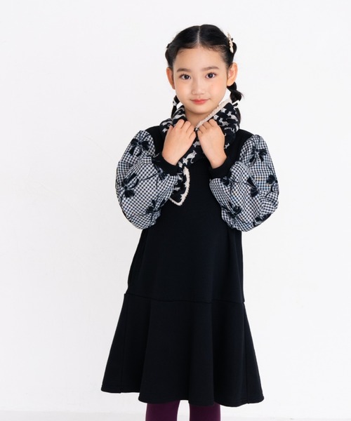 nino（ニノ）の「ギンガムリボンジャガードワンピース（ワンピース・キッズ・ローズ/ブラック・110cm/100cm/120cm/90cm）」の2枚目の写真