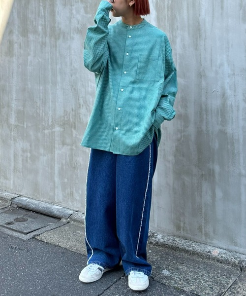 CIAOPANIC TYPY（チャオパニックティピー）の「【ユニセックス】ビエラチェック微起毛バンドカラーシャツ（シャツ/ブラウス・メンズ・ベージュ/オフホワイト/ブルー/グレー/グリーン/ネイビー・MEDIUM/LARGE）」の8枚目の写真