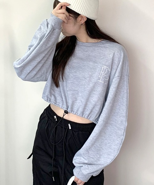 non-hedge(ノンヘッジ)の「裾ドロストロゴショート丈トップス(Tシャツ/カットソー・レディース・オフホワイト/ブラック/グレー・FREE)」の4枚目の写真