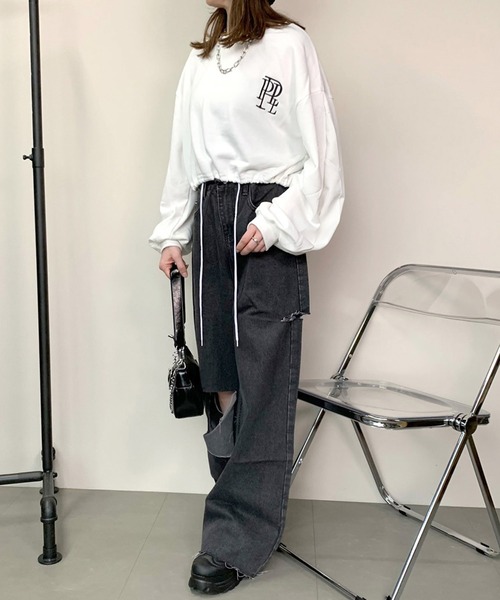 non-hedge(ノンヘッジ)の「裾ドロストロゴショート丈トップス(Tシャツ/カットソー・レディース・オフホワイト/ブラック/グレー・FREE)」の11枚目の写真