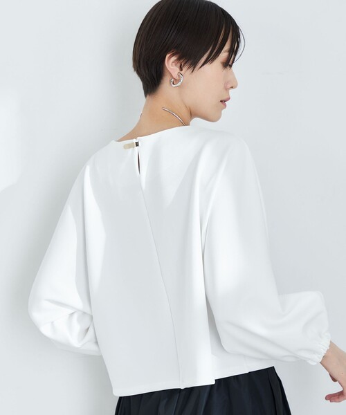 美品 ノーブル ダンボール素材 ボリュームスリーブ スウェット 白ゆったり セール】異素材ドッキングボリューム袖ダンボールニットプル