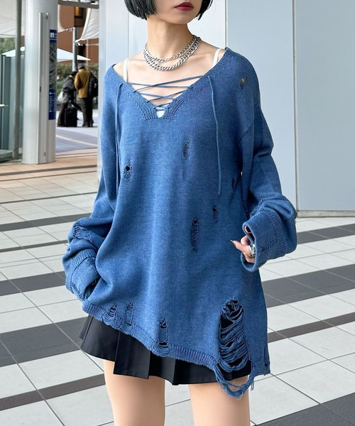 PAGEBOY(ページボーイ)の「レースUPユルダメージニット(ニット/セーター・レディース・ブラック/グレー/ブルー・FREE)」の3枚目の写真