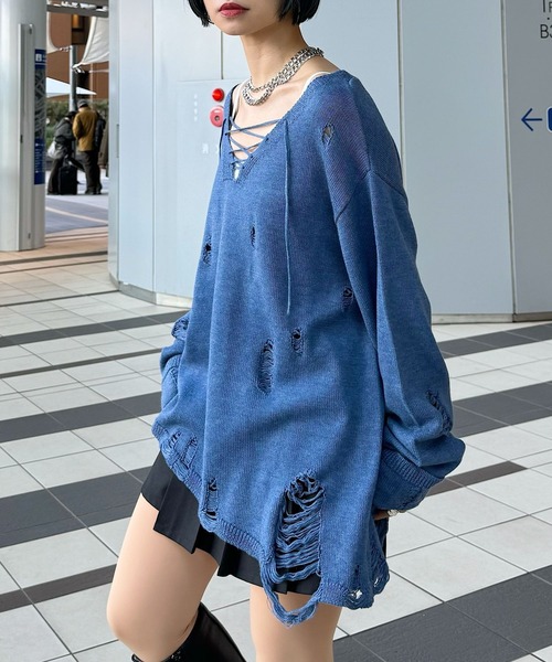 PAGEBOY(ページボーイ)の「レースUPユルダメージニット(ニット/セーター・レディース・ブラック/グレー/ブルー・FREE)」の5枚目の写真