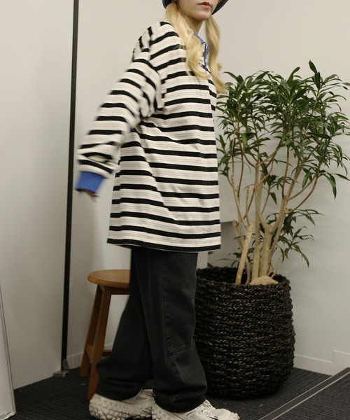 HOOK(フック)の「HOOK -original- バイカラー花刺繍マルチボーダーポロ襟ロンTEE(ポロシャツ・メンズ・ライトベージュ/レッド・XL/L/M)」の10枚目の写真
