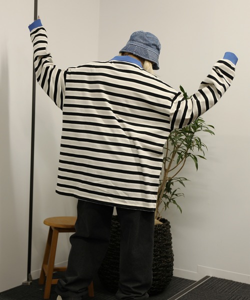 HOOK(フック)の「HOOK -original- バイカラー花刺繍マルチボーダーポロ襟ロンTEE(ポロシャツ・メンズ・ライトベージュ/レッド・XL/L/M)」の11枚目の写真