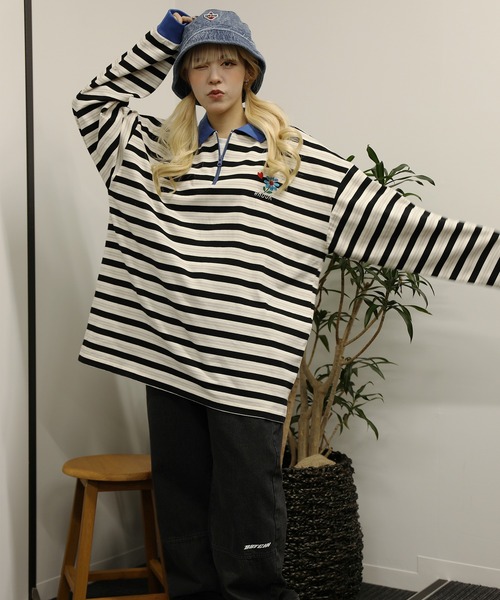 HOOK(フック)の「HOOK -original- バイカラー花刺繍マルチボーダーポロ襟ロンTEE(ポロシャツ・メンズ・ライトベージュ/レッド・XL/L/M)」の13枚目の写真