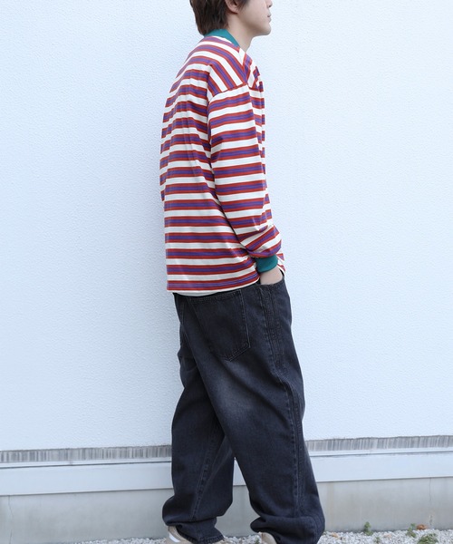HOOK(フック)の「HOOK -original- バイカラー花刺繍マルチボーダーポロ襟ロンTEE(ポロシャツ・メンズ・ライトベージュ/レッド・XL/L/M)」の21枚目の写真