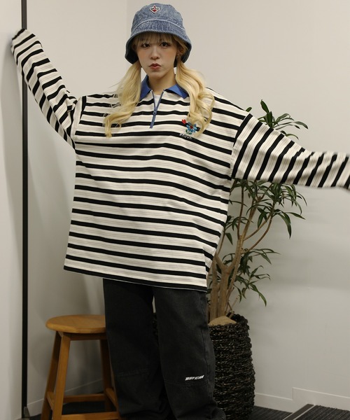 HOOK(フック)の「HOOK -original- バイカラー花刺繍マルチボーダーポロ襟ロンTEE(ポロシャツ・メンズ・ライトベージュ/レッド・XL/L/M)」の14枚目の写真