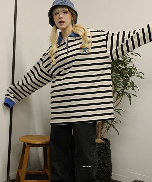 HOOK(フック)の「HOOK -original- バイカラー花刺繍マルチボーダーポロ襟ロンTEE(ポロシャツ・メンズ・ライトベージュ/レッド・XL/L/M)」の4枚目の写真