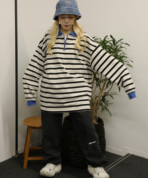 HOOK(フック)の「HOOK -original- バイカラー花刺繍マルチボーダーポロ襟ロンTEE(ポロシャツ・メンズ・ライトベージュ/レッド・XL/L/M)」の5枚目の写真