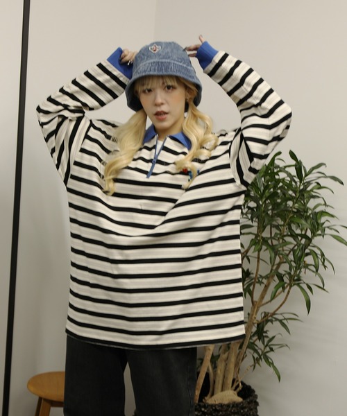 HOOK(フック)の「HOOK -original- バイカラー花刺繍マルチボーダーポロ襟ロンTEE(ポロシャツ・メンズ・ライトベージュ/レッド・XL/L/M)」の6枚目の写真