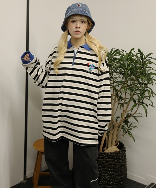 HOOK(フック)の「HOOK -original- バイカラー花刺繍マルチボーダーポロ襟ロンTEE(ポロシャツ・メンズ・ライトベージュ/レッド・XL/L/M)」の7枚目の写真