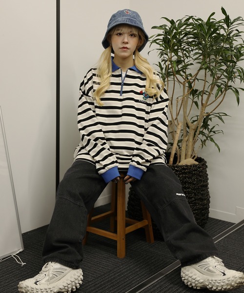 HOOK(フック)の「HOOK -original- バイカラー花刺繍マルチボーダーポロ襟ロンTEE(ポロシャツ・メンズ・ライトベージュ/レッド・XL/L/M)」の16枚目の写真