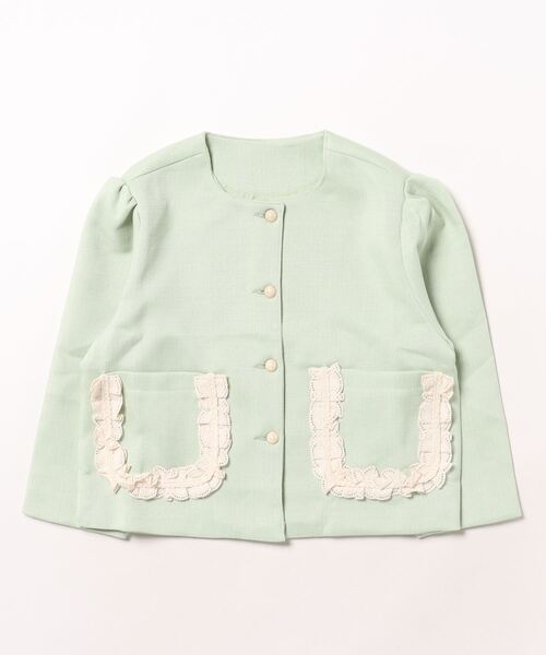 Bee des Bee（ビーデスビー）の「レースポケット パフスリーブジャケット（ノーカラージャケット・キッズ・アイボリー/ライトグリーン系・110cm/120cm/130cm/140cm/100cm）」の2枚目の写真