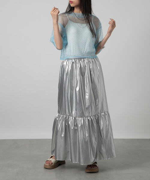 SETUP7（セットアップセブン）の「【SETUP7】sheer mesh special tops メッシュラメハーフスリーブ シアートップス（Tシャツ/カットソー・レディース・サックスブルー/ブラック/ホワイト・FREE）」の7枚目の写真