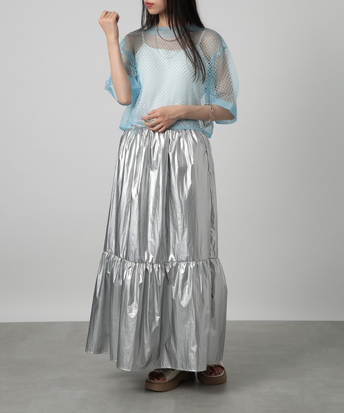 SETUP7（セットアップセブン）の「【SETUP7】sheer mesh special tops メッシュラメハーフスリーブ シアートップス（Tシャツ/カットソー・レディース・サックスブルー/ブラック/ホワイト・FREE）」の6枚目の写真