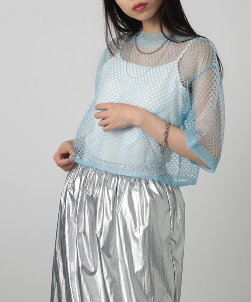 SETUP7（セットアップセブン）の「【SETUP7】sheer mesh special tops メッシュラメハーフスリーブ シアートップス（Tシャツ/カットソー・レディース・サックスブルー/ブラック/ホワイト・FREE）」の11枚目の写真