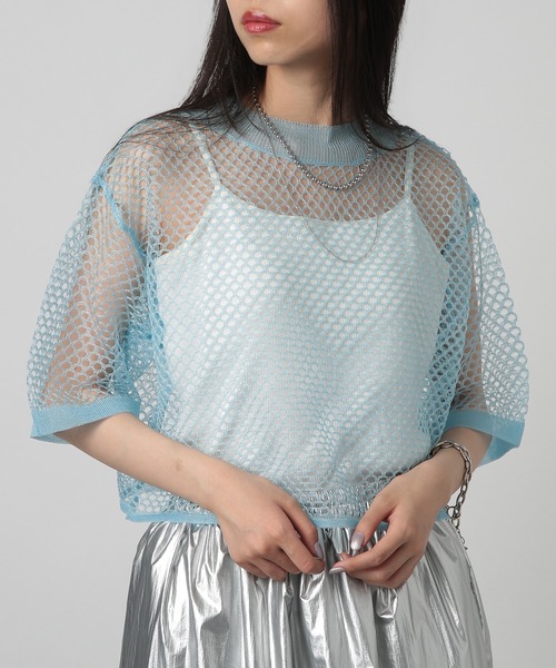 SETUP7（セットアップセブン）の「【SETUP7】sheer mesh special tops メッシュラメハーフスリーブ シアートップス（Tシャツ/カットソー・レディース・サックスブルー/ブラック/ホワイト・FREE）」の12枚目の写真