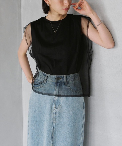 titivate（ティティベイト）の「チュールレイヤードノースリーブTシャツ（Tシャツ/カットソー・レディース・オフホワイト/ブラック・M）」の2枚目の写真