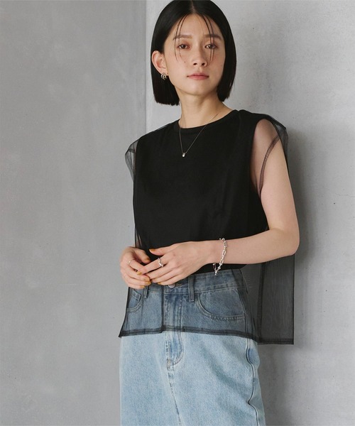 titivate（ティティベイト）の「チュールレイヤードノースリーブTシャツ（Tシャツ/カットソー・レディース・オフホワイト/ブラック・M）」の6枚目の写真