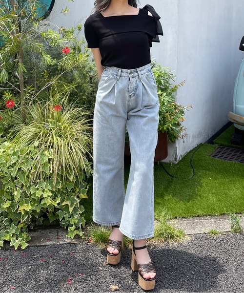 肩リボンワンショルテレコトップス（Tシャツ/カットソー）｜one way