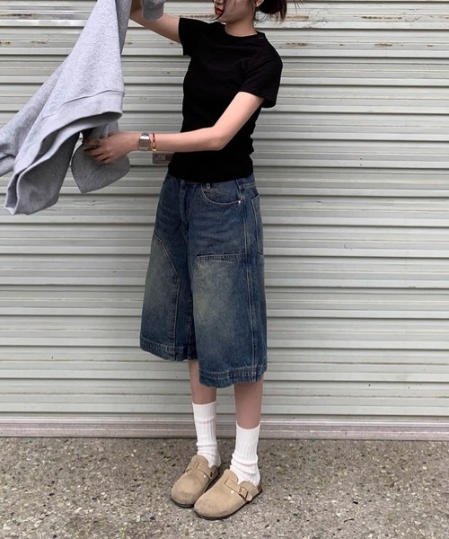 MEMECLE（メメクル）の「【 MEMECLE / メメクル 】バギー ハーフデニムパンツ（デニムパンツ・レディース・ブルー・S/L/M/XL）」の14枚目の写真