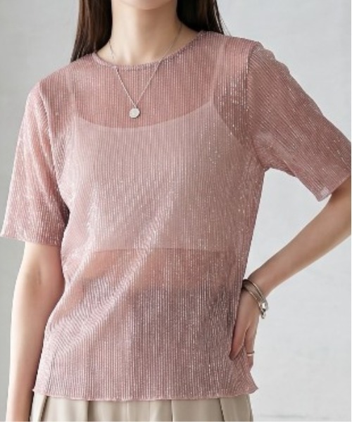 Per sist ence(パーシエンス)の「ラメシアープリーツクルーネックプルオーバー(Tシャツ/カットソー・レディース・ピンク/オフホワイト/ブラック・FREE)」の1枚目の写真