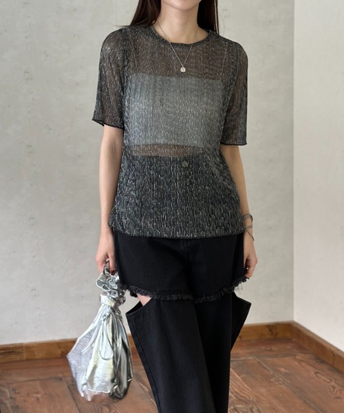 Per sist ence(パーシエンス)の「ラメシアープリーツクルーネックプルオーバー(Tシャツ/カットソー・レディース・ピンク/オフホワイト/ブラック・FREE)」の7枚目の写真