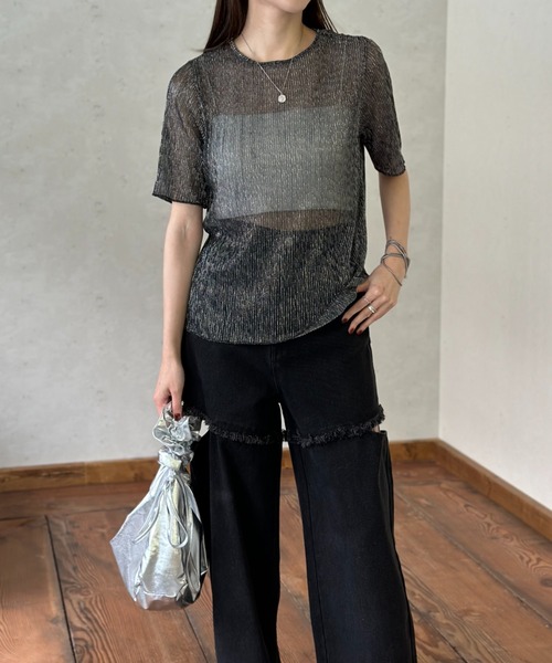 Per sist ence(パーシエンス)の「ラメシアープリーツクルーネックプルオーバー(Tシャツ/カットソー・レディース・ピンク/オフホワイト/ブラック・FREE)」の8枚目の写真