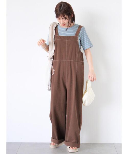 ehka sopo（エヘカソポ）の「配色ステッチサロペット（サロペット/オーバーオール・レディース・ブラック/ベージュ/モカ・F）」の3枚目の写真