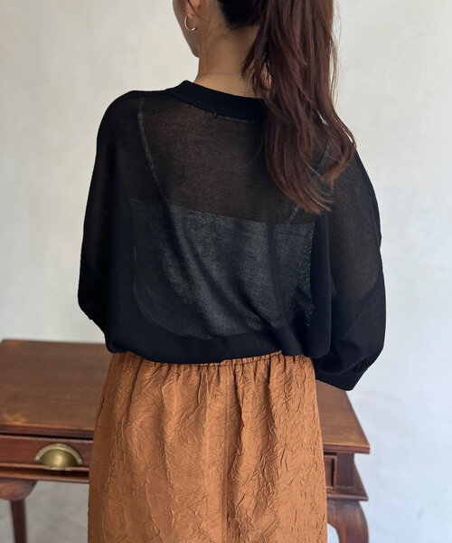 Chez toi（シェトワ）の「刺繍ロゴ5分袖シアープルオーバー（ニット/セーター・レディース・ブラック/グレイッシュベージュ/インディゴブルー・FREE）」の9枚目の写真