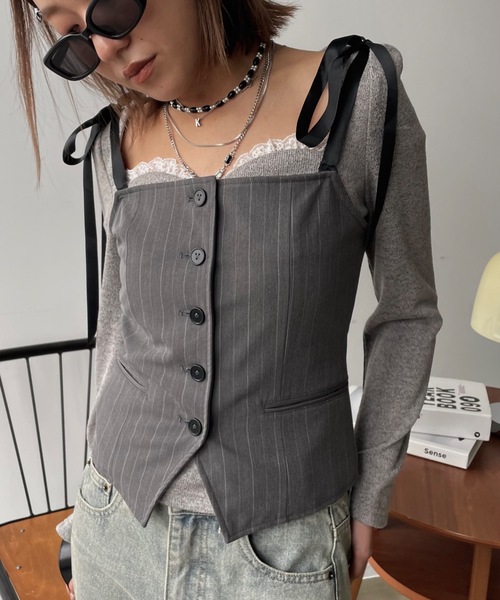 セール】【リボン取り外し可能】ピンストライプビスチェ