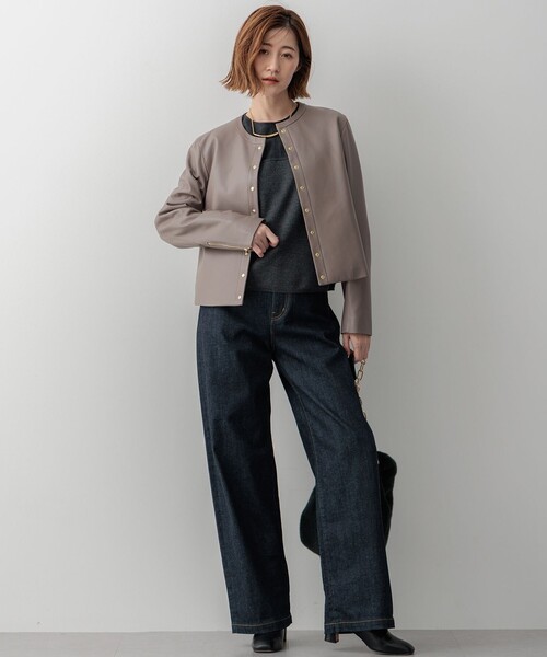 23区 ノーカラーラムレザージャケット Lサイズ ベージュ 羊革 セール】ラムレザー ノーカラージャケット（ノーカラージャケット