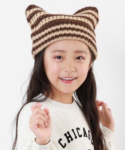 devirock(デビロック)の「洗える ざっくり編み 猫耳 ニットキャップ(ニットキャップ/ビーニー・キッズ・スミクロ/ブラウン/ライラック・M/L)」の3枚目の写真