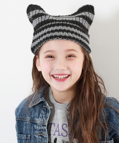 ナップサック　ハンドメイド　手編み　ネコ耳ニット帽　サイケ　ヒッピー　☺︎ セール】洗える ざっくり編み 猫耳 ニットキャップ（ニットキャップ