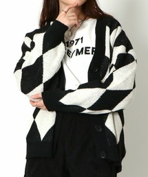 《配色ダイヤ柄×ゆるシルエット》レディース ニットカーディガン 体型カバー 秋冬