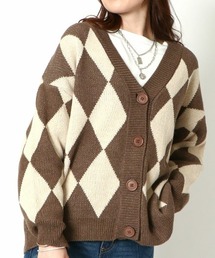《配色ダイヤ柄×ゆるシルエット》レディース ニットカーディガン 体型カバー 秋冬