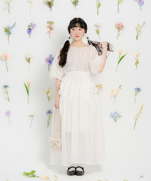 miolite（ミオライト）の「ワッシャー シアー リボン ギャザー スカート miolite（スカート・レディース・ホワイト/ブラック・M）」の3枚目の写真