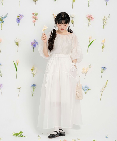 miolite（ミオライト）の「ワッシャー シアー リボン ギャザー スカート miolite（スカート・レディース・ホワイト/ブラック・M）」の4枚目の写真