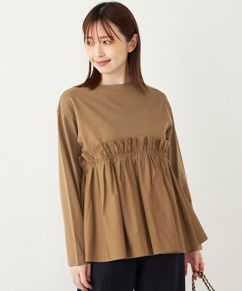 SHIPS Colors(シップス カラーズ)の「SHIPS Colors:〈手洗い可能〉フハクドッキング ロングスリーブ TEE(Tシャツ/カットソー・レディース・キャメル/ブラック/オフホワイト・ONE SIZE)」の2枚目の写真