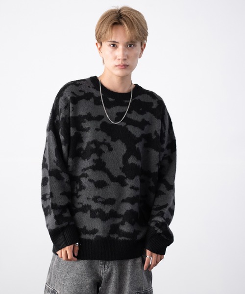 セール】無地＆総柄 モヘアタッチ クルーネック ニット（ニット