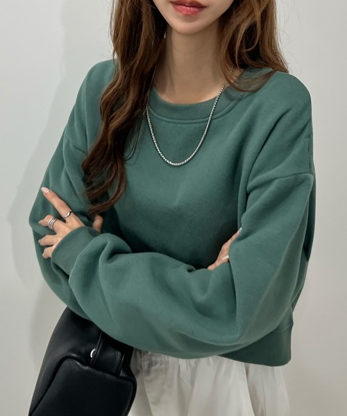 Futier land（フューティアランド）の「バック刺繍クロップド丈裏起毛スウェットトレーナー（スウェット・レディース・杢グレー/グリーン/ネイビー・FREE）」の12枚目の写真