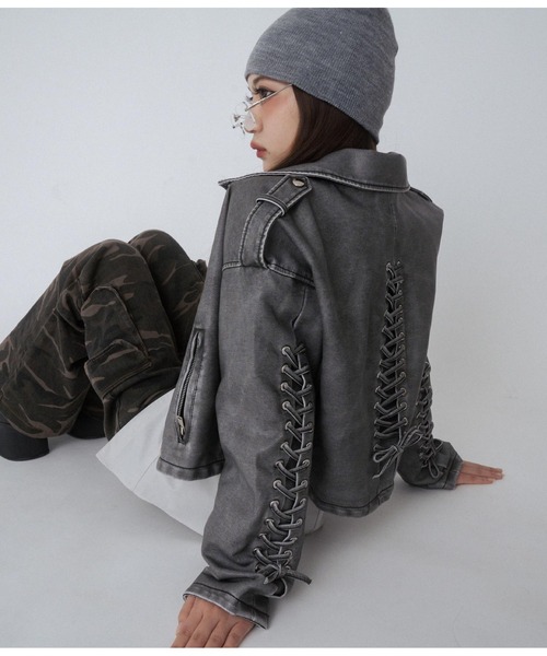 ANAP GiRL(アナップガール)の「【ティーンズライン】ユーズド加工 フェイクレザー ライダース(ライダースジャケット・キッズ・スミクロ・FREE)」の1枚目の写真