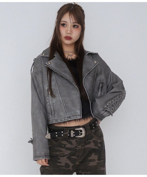 ANAP GiRL(アナップガール)の「【ティーンズライン】ユーズド加工 フェイクレザー ライダース(ライダースジャケット・キッズ・スミクロ・FREE)」の7枚目の写真