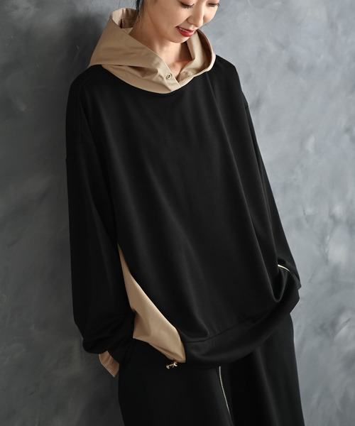 STYLE DELI(スタイルデリ)の「【BLK001】異素材使いフーディープルオーバー(パーカー・レディース・ベージュ/ブラック・FREE)」の12枚目の写真