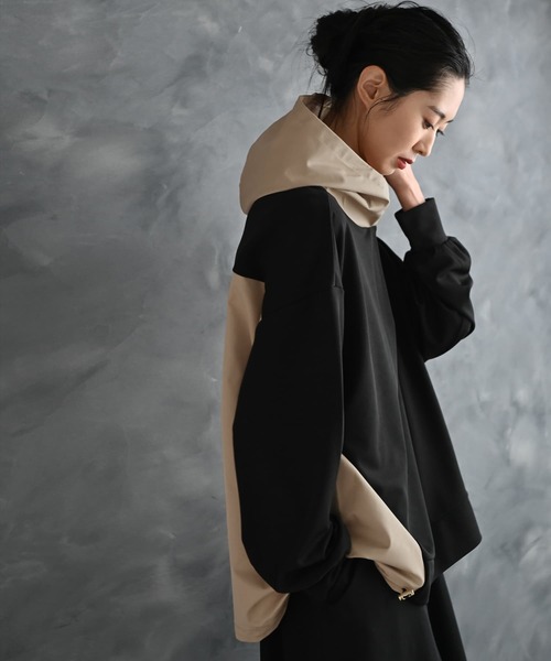 STYLE DELI(スタイルデリ)の「【BLK001】異素材使いフーディープルオーバー(パーカー・レディース・ベージュ/ブラック・FREE)」の14枚目の写真