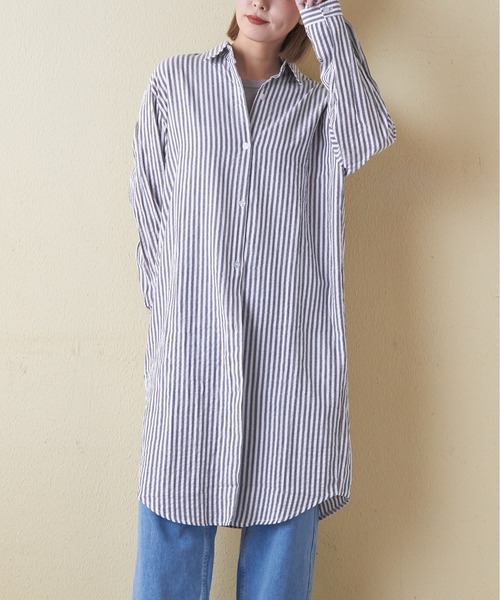 CUBE SUGAR(キューブシュガー)の「チェックストライプシャツワンピース(シャツワンピース・レディース・ブラック系その他/ブルー系その他/ストライプ・M)」の3枚目の写真