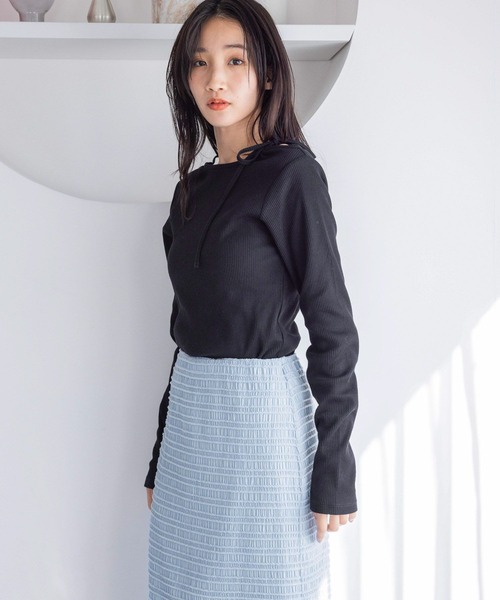 LOWRYS FARM（ローリーズファーム）の「ネックリボンロングスリーブ　 290055（Tシャツ/カットソー・レディース・アイボリー/ブルー系その他/ブラック・FREE）」の5枚目の写真