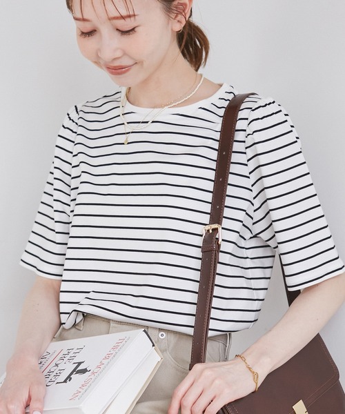 ROPE' PICNIC(ロペピクニック)の「【UVカット・接触冷感】70シルケットパフスリーブトップス(Tシャツ/カットソー・レディース・ブラック/ホワイト/オフホワイト/ブルー・38)」の2枚目の写真