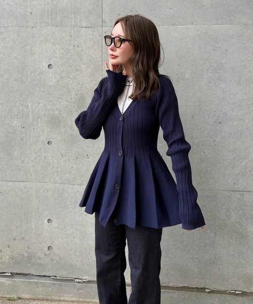 v neck peplum cardigan /Vネック フレア ペプラム リブ ニット